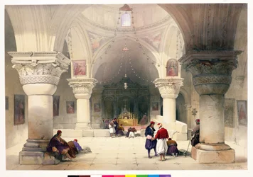 Den heliga gravens krypta, Jerusalem, skylt 20 från volym I av "Det heliga landet", graverad av puben Louis Haghe (1806-85). 1842