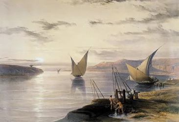 David Roberts (1796-1864) brittisk (skotsk) konstnär. "Båtar på Nilen" Akvarell. Längst ner till höger höjs vattnet med hjälp av en shaduf. Victoria and Albert Museum, London