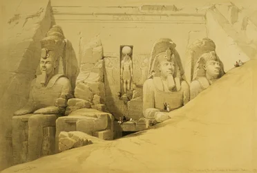 Framfasad på det stora templet i Abu Simbel, Nubien, plansch 44 ur band II av ”Egypt and Nubia”, graverad av Louis Haghe (1806-85), utgiven 1849