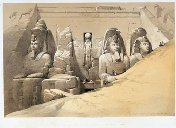 Framifrån av det stora templet Aboo Simbel (Abu Simbel, Abu eller Abu Simbel), Nubia (Nubia) i "" Det heliga landet", London 1849