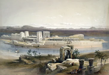 Allmän vy över ön Philae i Nubien" November 1838. Efter akvarell av David Roberts (1796-1864), skotsk konstnär och orientalist. Tempel Forntida Egypten Arkeologi Religion Mytologi Ruin