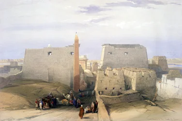 Grand Entrance to the Temple of Luxor" : litografi efter akvarell av David Roberts (1796-1864), skotsk konstnär. Forntida Egypten Arkeologi Byggnad Arkitektur
