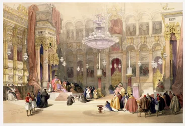 Grekiska kyrkan vid Heliga gravens kyrka, Jerusalem, 11 april 1839, plansch 4 ur band I av «Det heliga landet», graverad av Louis Haghe (1806-85), utgiven 1842