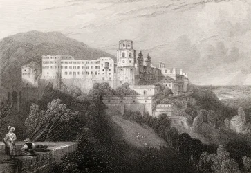 Heidelbergs slott, Heidelberg, graverat av J.T.Willmore i "The Pilgrims of the Rhine", publicerad 1840