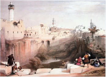 I det heliga landet: Jerusalem, Betesdas bassäng, Tempelberget till vänster (gravyr)
