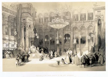 Interiör av Creek Church of the Holy Sepulchre, ritning gjord 11/04/1839 i “The Holy Land””, London 1849