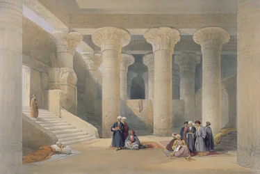 Interiör av templet i Esna, Övre Egypten, ur «Egypten och Nubien», graverad av Louis Haghe, utgiven i London, 1838