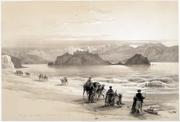 Ön Graia, Akabahbukten (Akaba eller Aqaba), ritning gjord 1839-02-27 i "" The Holy Land"", London 1849