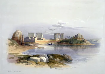Ön Philae, Nubien" November 1838. Efter akvarell av David Roberts (1796-1864), skotsk konstnär och orientalist. Tempel Forntida Egypten Arkeologi Religion Mytologi Ruin