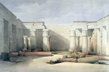 Medinet Abu - Thebe, 5 december 1832": litografi efter akvarell av David Roberts (1796-1864), skotsk konstnär. Forntida Egypten Arkeologi