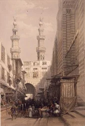 Minareter och Grand Entrance till Metwalys-moskén, Kairo, från "Egypt and Nubia", Vol.3 (litho)
