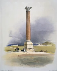 Pompejus pelare, Alexandria: Röd granitpelare uppförd till Diocletianus ära på 400-talet, en gång i tiden tänkt som Pompejus den stores gravplats. Av David Roberts (1796-1864) skotsk konstnär och orientalist