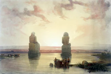 Statyerna av Memnon, Thebe, under översvämningarna", akvarell. David Roberts (1796-1864) skotsk konstnär och orientalist. Kolosserna nära Konungarnas dal, Egypten, uppförda av Amenhotep II (ca 1411-1375 f.Kr.).