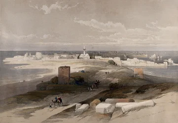 Den antika staden Tyros, sedd från landtungan. Färglitografi av Louis Haghe efter David Roberts, 1843.