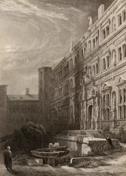 Den stora domstolen i Heidelberg, graverad av H. Winkles, illustration från 