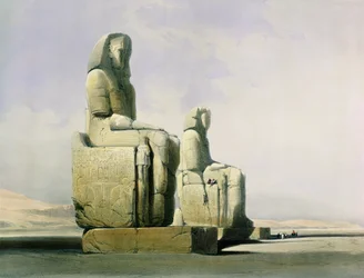 Thebe, 4 december 1838, detalj av Memnons kolosser, plåt 12 från volym I av Egypten och Nubien, graverad av Louis Haghe 1806-85 pub. 1846 litho detalj av 67033