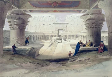 Utsikt under portiken vid Edfu-templet, Övre Egypten, plansch 32 ur band I av Egypten och Nubien, graverad av Louis Haghe (1806-85), utgiven 1846