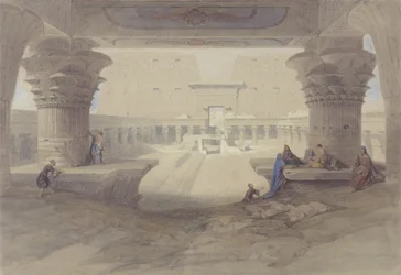 Utsikt från under portiken av templet Edfu, övre Egypten