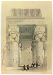 Utsikt från under portiken av templet i Denderah, Egypten, 1800-talet