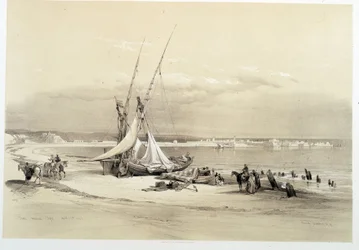 Utsikt över staden Tyre (Tyre) i Libanon, ritning gjord den 27/04/1839 i "" The Holy Land"", London 1849