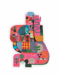 Hot Mess / Unhinged 2B, 2023 (blandad färg och collage på gångjärnsförsedd träkonstruktion)