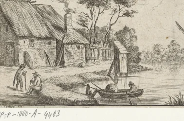 Landskap med gård och vatten