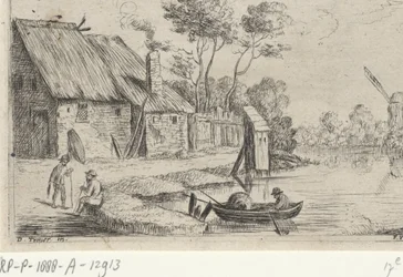 Landskap med gård och vatten