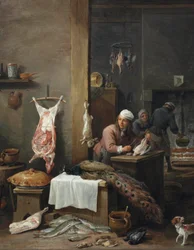En köksinteriör med en kock som förbereder vilt vid ett bord (Le Cuisinier Flamand)