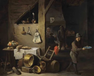 En köksinredning med en ung pojke och tre figurer som dricker och röker