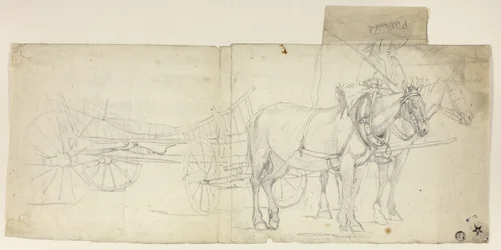Tvåspann med kusk som drar vagn (recto); Skisser av kvinnor som böjer sig framåt (verso)