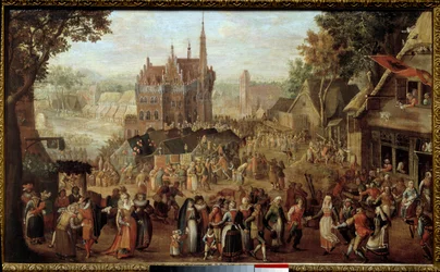 Kermesse i Audenarde (Belgien). Fest framför byns kyrka. Målning av David Vinckboons (eller Vinckeboons eller Vinkeboons 1576-1629)