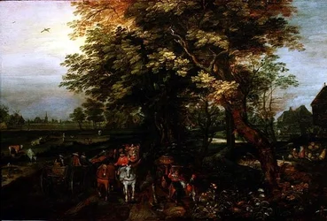 Skogbevuxen landskap med bönder