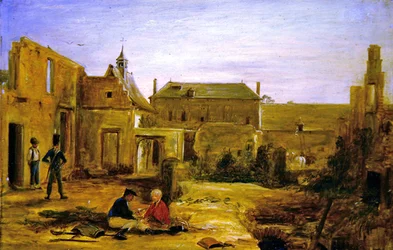Soldater i ruinerna av slottet Hougoumont, Waterloo (olja på duk)