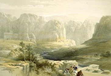 Petra ser söderut, 9 mars 1839, skylt 106 från volym III av Det heliga landet, graverad av puben Louis Haghe (1806-85). 1849