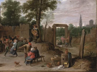 En kermesse i en by nära Antwerpen (olja på koppar)