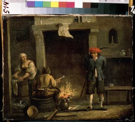 Framför eldstaden (Vid ugnen). Målning av David Teniers den yngre (1610-1690). Olja på trä, 32 x 53 cm