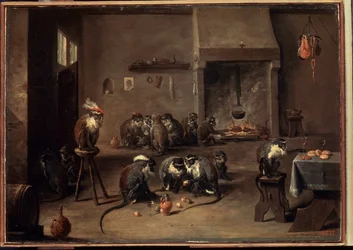 Apor i köket. Målning av David Teniers den yngre (1610-1690). Olja på duk, 36 x 50,5 cm, ca 1640. Flamländsk konst, barockkonst. Eremitagemuseet, Sankt Petersburg.
