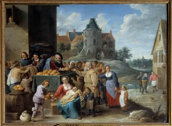 Misericords sju verk Detta är välgörenhetsplikterna som kristna är föremål för. Målning av David Teniers II den unge (1610-1690)