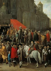 Spelet papegai i Bryssel 1652 Spel som består av att skjuta mot ett mål gjord av en fågel av trä eller kartong placerad på toppen av en stolpe (detalj)