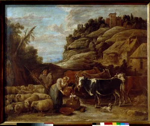 Flockens mjölkning. Målning av David II Teniers The Young (1610-1690) Ec. Flam.