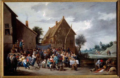 Byns bröllop. Målning tillskriven David Teniers II dit Le Jeune (1610-1690) Ec. Flam.