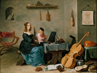 Hustru och son till målaren Porträtt av konstnärens familj, den unga kvinnan spelar musik i ett rum fyllt med instrument medan barnet gör såpbubblor. Målning av David Teniers den unge (1610-1690) 1600-talet Turin Galleria Sabauda Italien