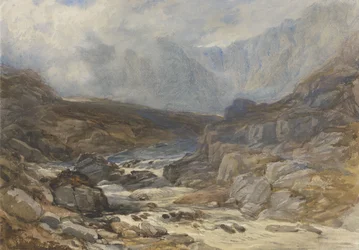 Walesisk bergsscen med Torrential River (akvarell med kroppsfärg och svart krita på papper)