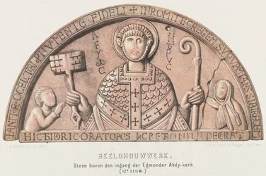 Tympaan van Egmond: stråk med Petrus, greve Dirk VI av Holland och hans mor grevinna Petronella, ca 1120 Skulptur. Sten ovanför ingången till Egmonder Abdy-kyrkan (1100-talet) (titel på objektet)