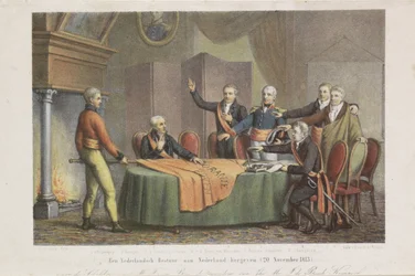 Accepterande av det höga styret av triumviratet i prinsen av Oranges namn, den 21 november 1813 Återställ en holländsk regering till Nederländerna. (20 november 1813) (titel på objekt)