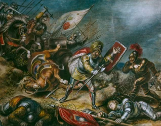 En målning föreställer Richard III som strider till fots på Bosworth Field. Konstverk.