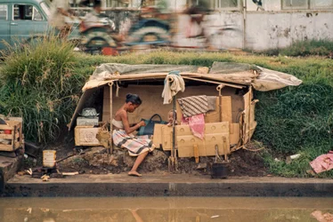 Kartonghydda som fungerar som hem längs en avloppskanal. Jakarta, Indonesien.