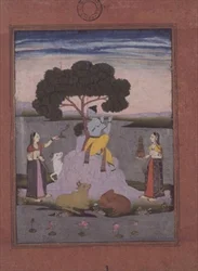 BL katt. nr.428, från ett Johnson Album nr. 20 objekt 3, Krishna spelar för två gopis, Hyderabad, ca 1770 (gouache med guld, rosafärgad kant)