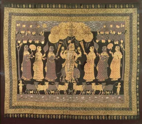 Krishna och hans Gopis (ogenomskinlig akvarell, guld och silver på färgad bomull)