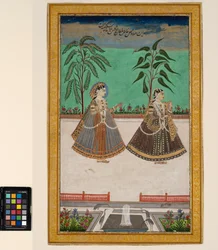 Två kvinnor från Tana Shahs harem från Golconda, ca 1800 (ogenomskinlig akvarell och guld på papper, monterad på en albumsida)